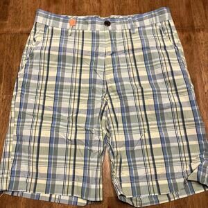 Saltaire Heritage Poplin Mens Size 34 Bermuda Shorts Blue Green Plaid Cotton
